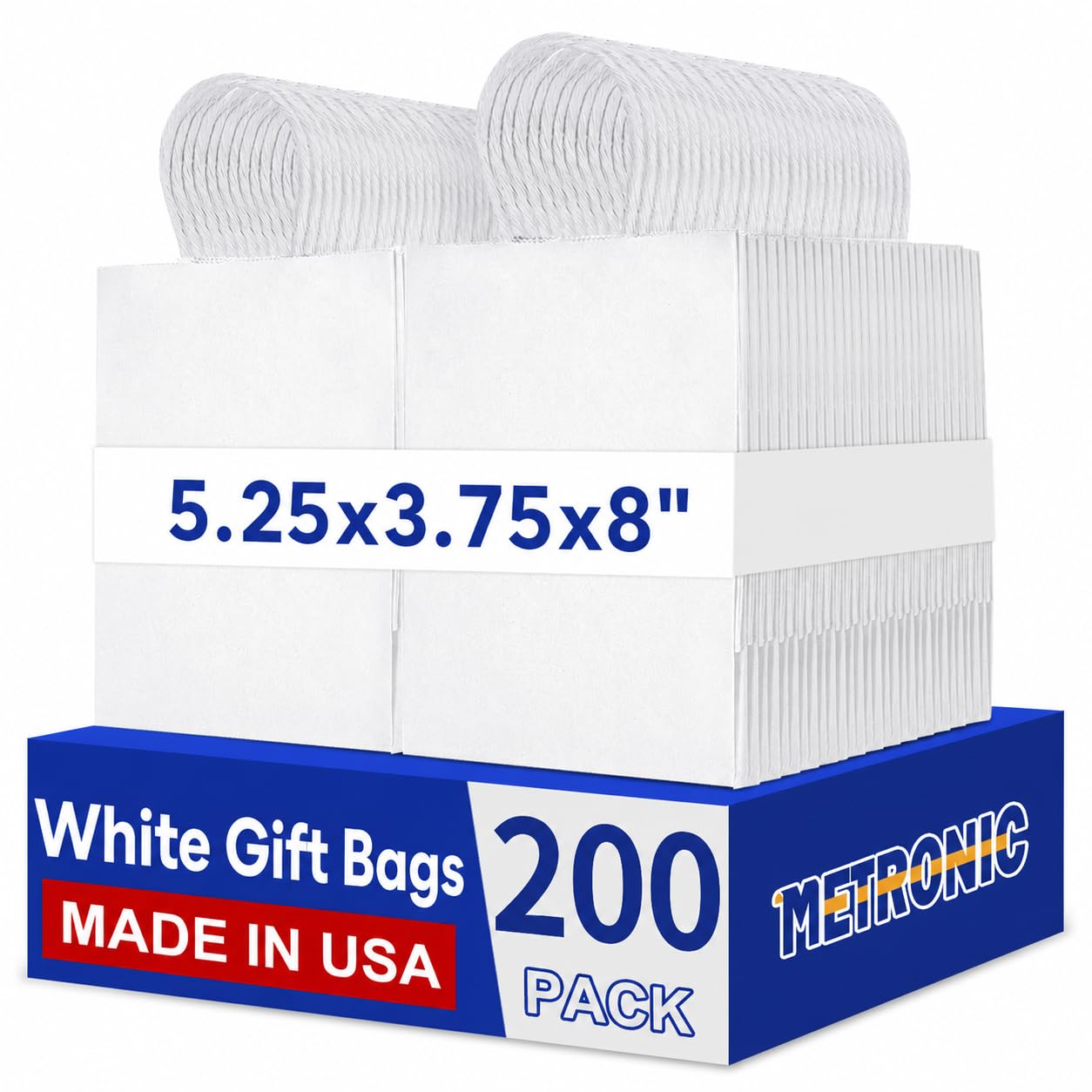 METRONIC White Gift Bags 5.25x3.75x8 Inch Paper Bags Handle Bulk 200Pcs