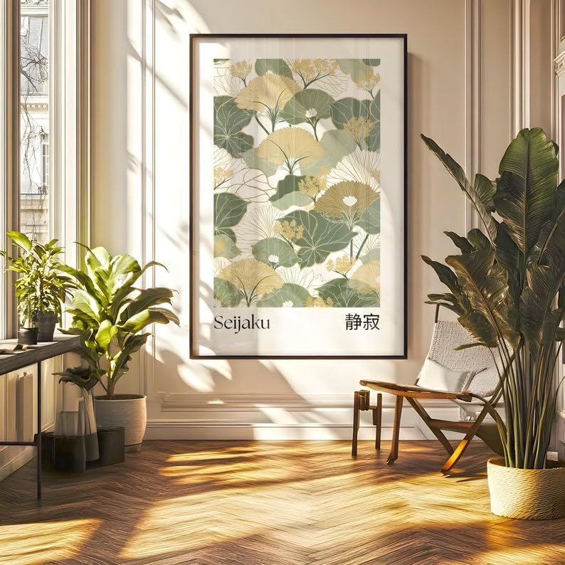 Peinture zen à motif vert et beige déco affiche Wabi Sabi 60x80 - 2