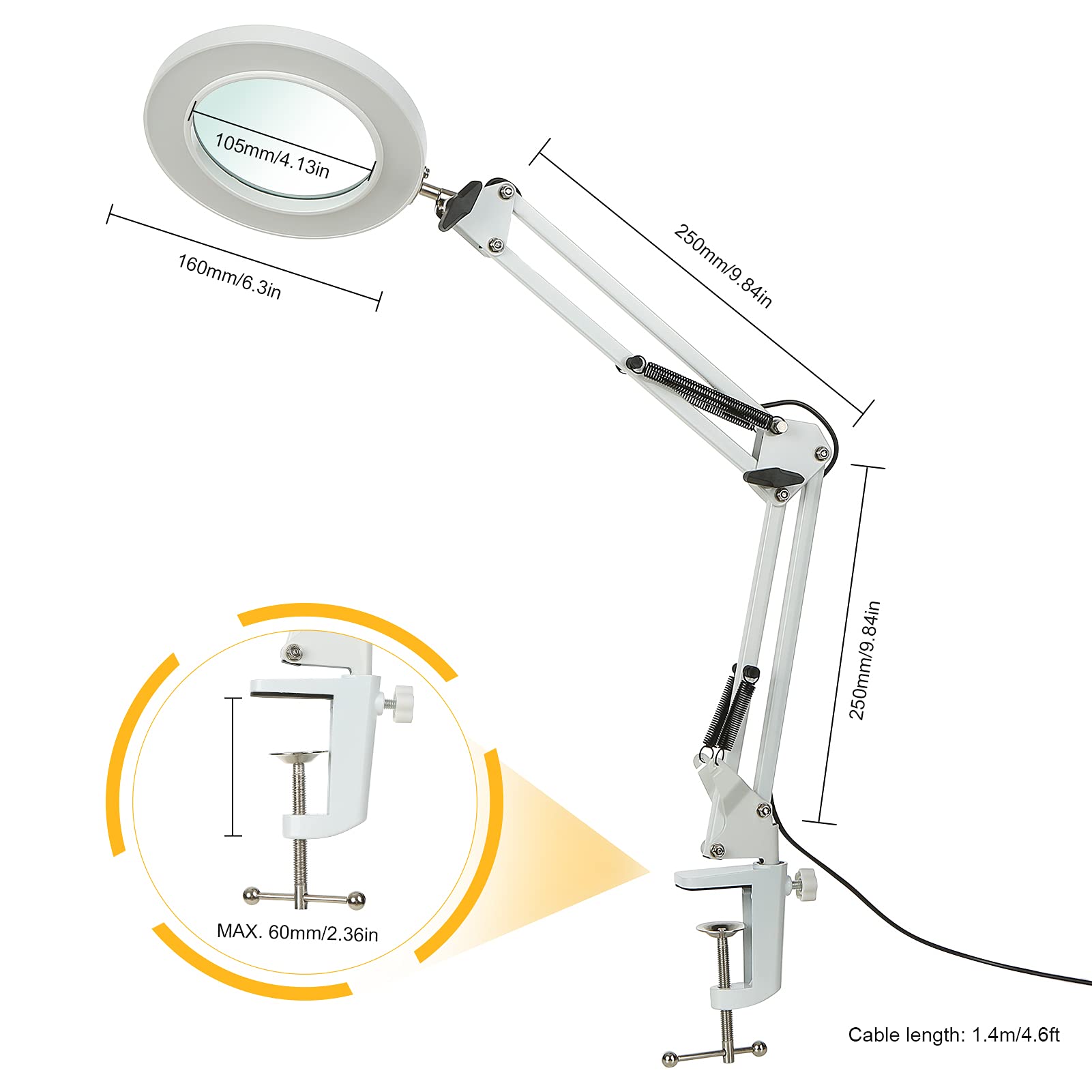 Lupa Lampa biurkowa 10X Obiektyw 64 diody LED 3 tryby ściemniania zasilanie USB bez użycia rąk lupa z klipsem do naprawy rękodzieła czytania hobby zamknięcie praca biała UC39