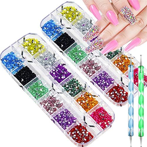 12 Colors Nail Art Rhinestones Kit Nail Rhinestones 4000 Pieces (2 Boxes) with 2 Pick Dotting Pen Flatback Nail Studs Horse Eye Rhinestones for Nail Art Decorations Supplies