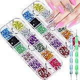 12 Colors Nail Art Rhinestones Kit Nail Rhinestones 4000 Pieces (2 Boxes) with 2 Pick Dotting Pen Fl