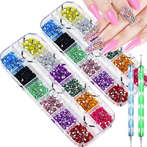 12 Colors Nail Art Rhinestones Kit Nail Rhinestones 4000 Pieces (2 Boxes) With 2 Pick Dotting Pen Flatback Nail Studs Horse Eye Rhinestones For Nail Art Decorations Supplies #TOP1
