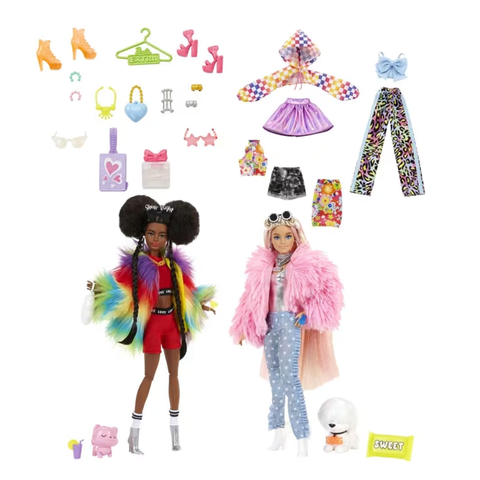 Barbie Mattel HKB01 Extra - Cabrio inkl. 2 Puppen mit Haustieren und 14 Zubehörteile