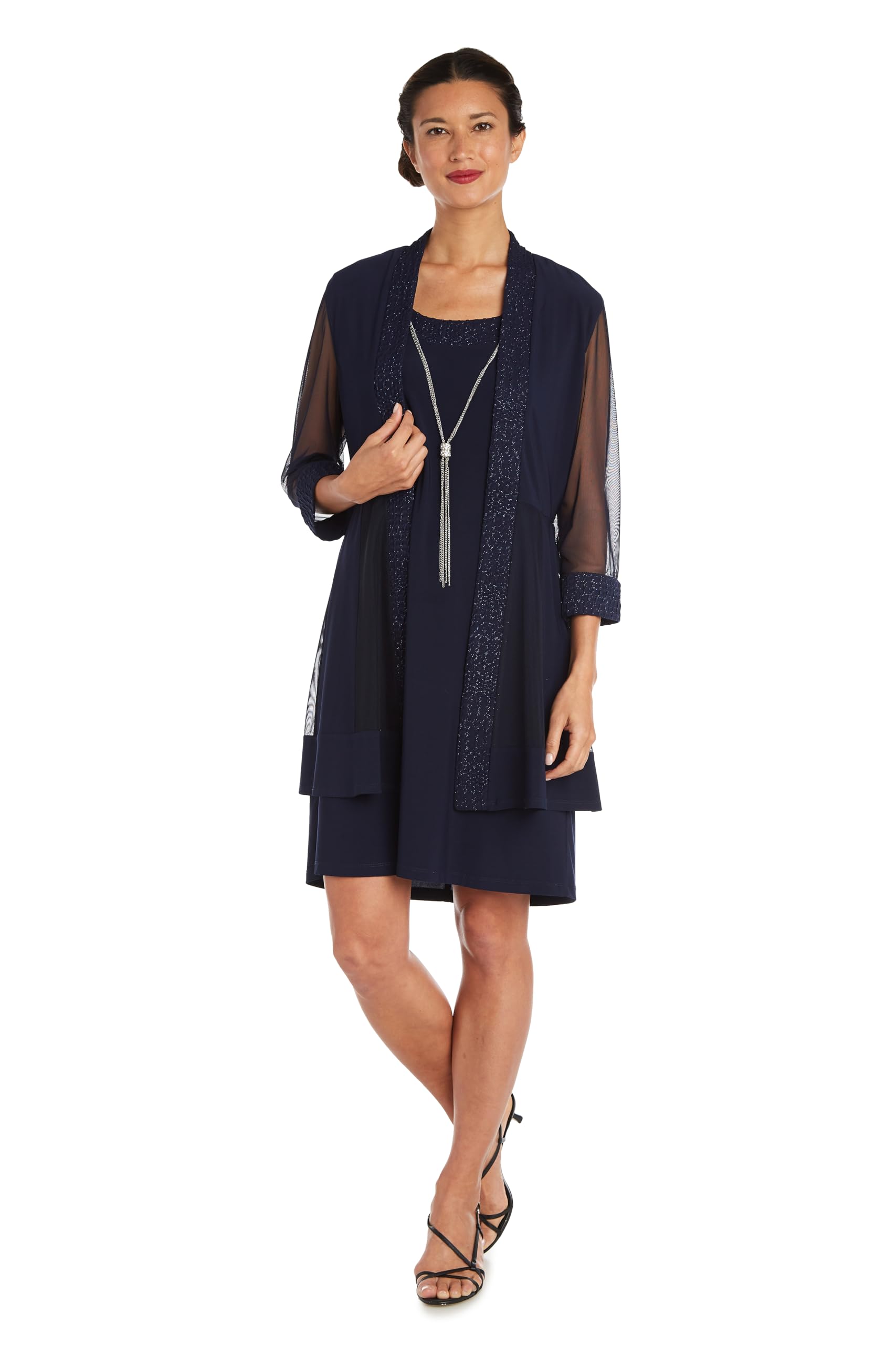 R&amp;M Richards Women's Elegant 2-Piece Shift Dress with Pleated Shimmer Duster Jacket for Mother of the Bride, Cocktail Attire