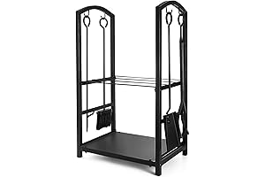 Syntrific Firewood Log Rack without Assembly: Black Heavy Duty Fireplace Log Holder with Tools