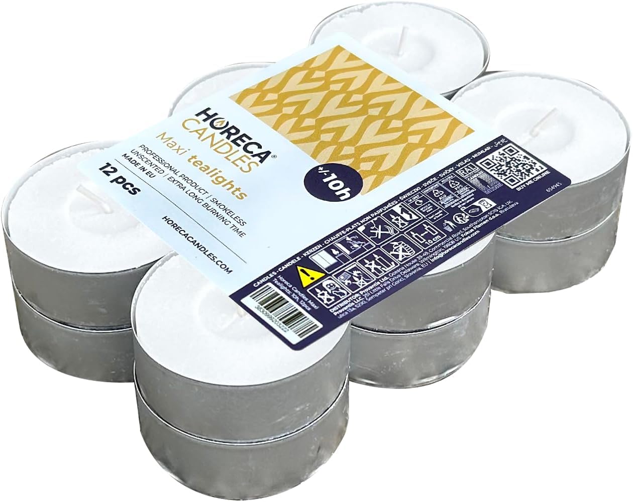 Horeca Candles - Velas blancas de té maxi - Sin perfume - 144 piezas - Velas grandes 57 x 22 mm - Duración de combustión 10 horas - Cera antigoteo - 12 x Juego de 12 velas