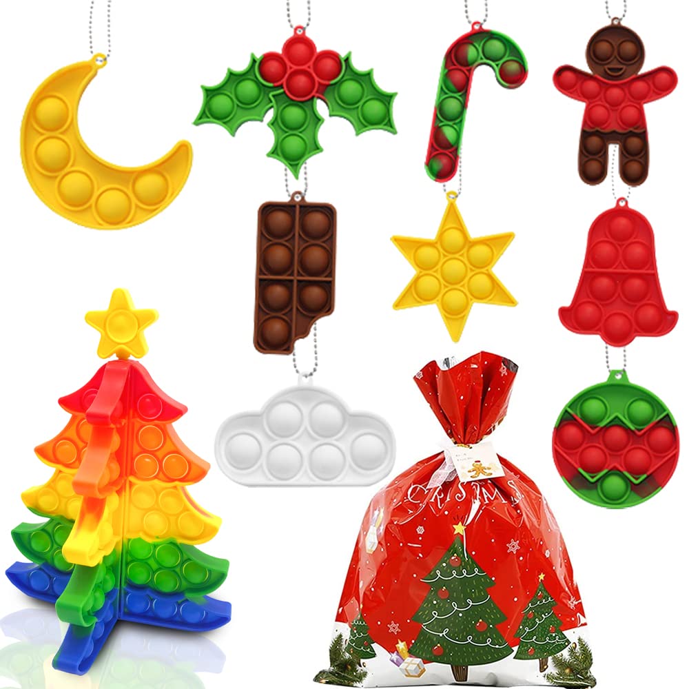 cykapu 10Pc Christmas Poppet Fidget Toy Set, Silicone Rainbow Tree Bubble Puzzle Fidget Popper with Cute Mini Poppet Keyring, Popping Fidget Toys Pack for Kids&Adults, Stress Anxiety Relief Autism