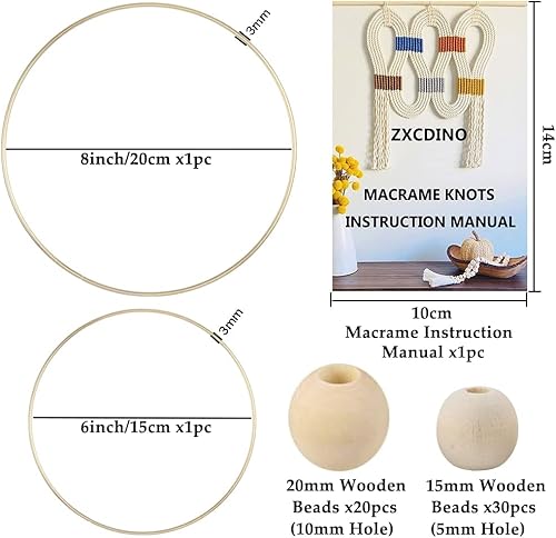 Miniatura 3 de 119 kits de macramé para principiantes 0118in x 109 yardas cuerda de macramé de algodón natural con 100 cuentas de madera 10 anillos de madera palos