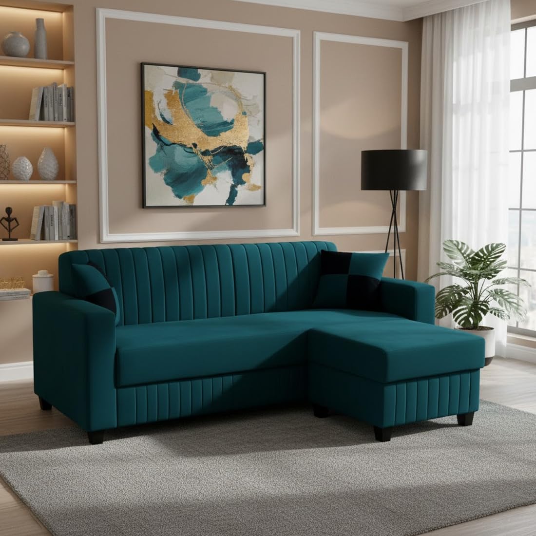 Furny Grace 3 Seater Fabric Sofa Set with Ottoman (Greenish Teal) | Soft Velvet Fabric | Modern Design | Comfortable Seating | Living Room Furniture-image-5
