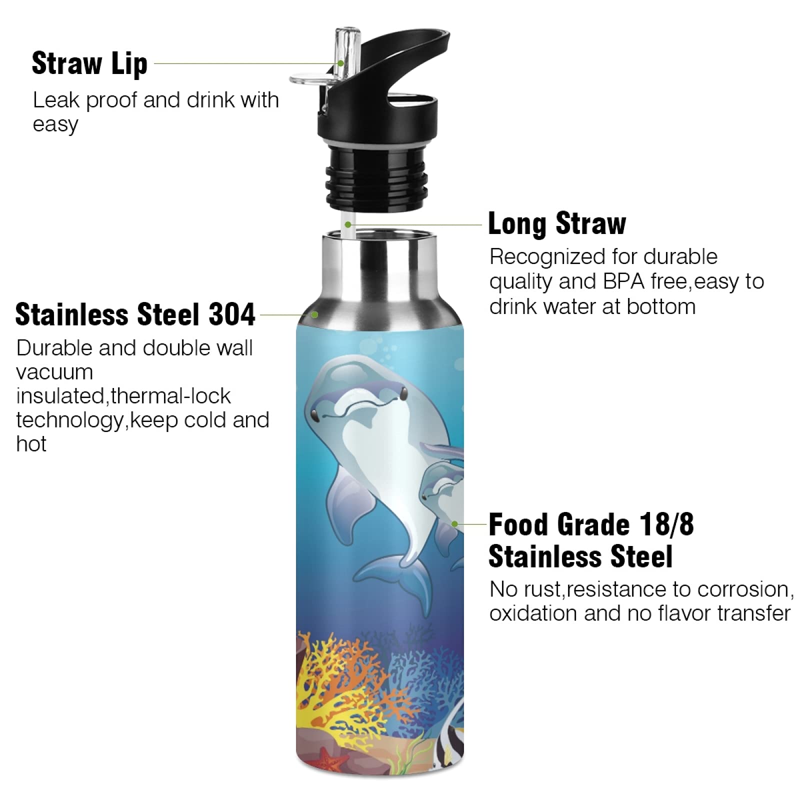 Trinkflasche 600 Ml Mit Delphin/Eule-Motiv – Doppelwandig Edelstahl, Isoliert, BPA-frei, Mit Strohhalm