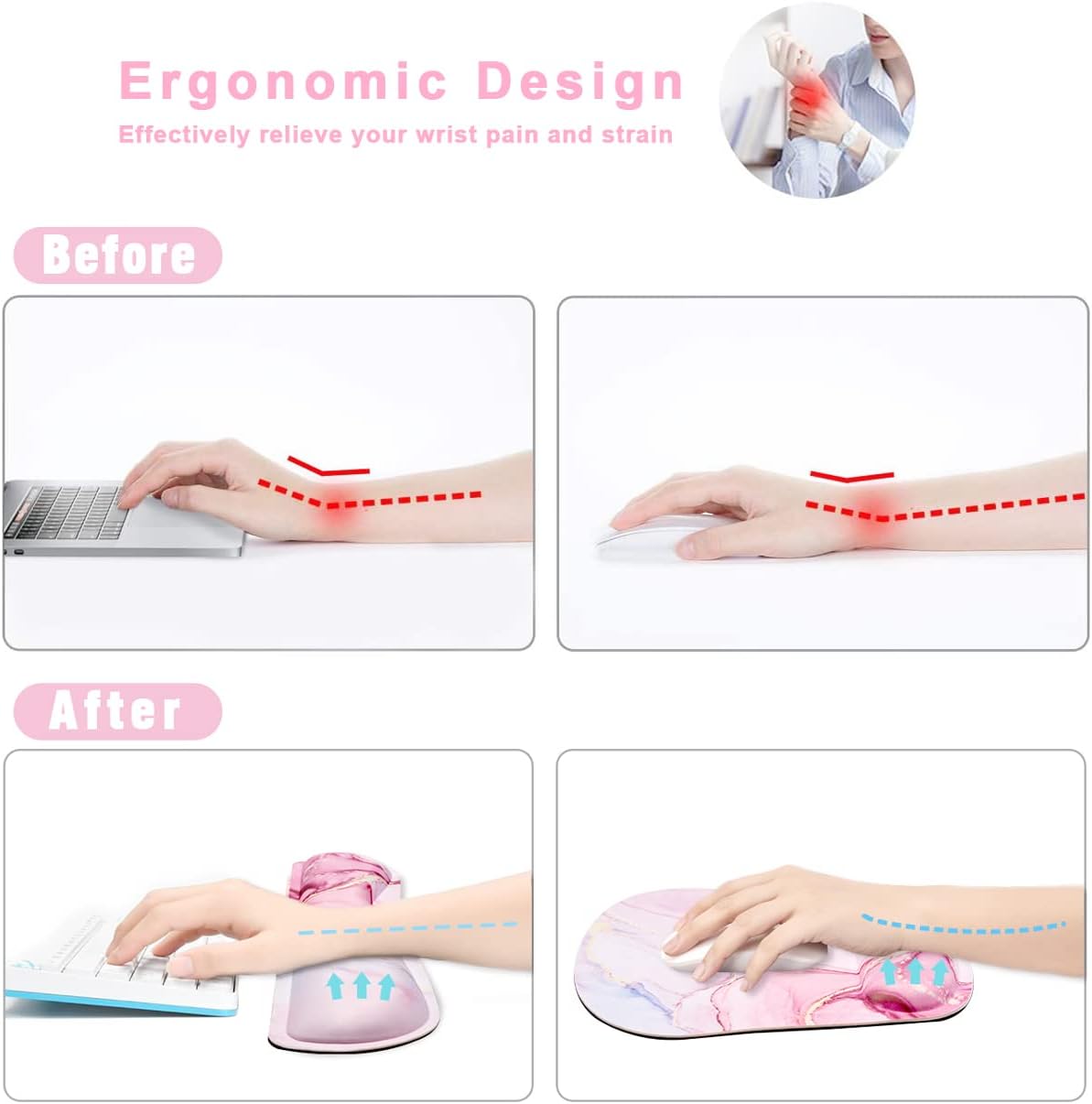 Keyboard Wrist Rest Pad and Mouse Pad Memory Foam Ergonomic Support Mouse Pad Set with Non-Slip Rubber Base Set for Office Gaming Easy Typing & Pain Relief-Pink Marble