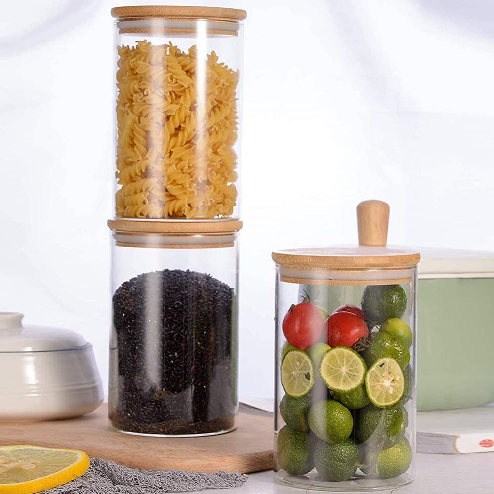 Lot de 4 distributeurs de céréales en verre avec couvercle en bambou et anneau d'étanchéité en silicone pour noix, pâtes, spaghetti, thé, café, collation