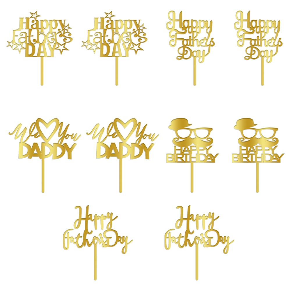 Dxsdgetue 10 Pcs Happy Father's Day Cake Topper Fathers Day Cupcake Picks Acrylic Cake Toppers for Father's Day Party Cupcake Decorations gold (10 Pcs