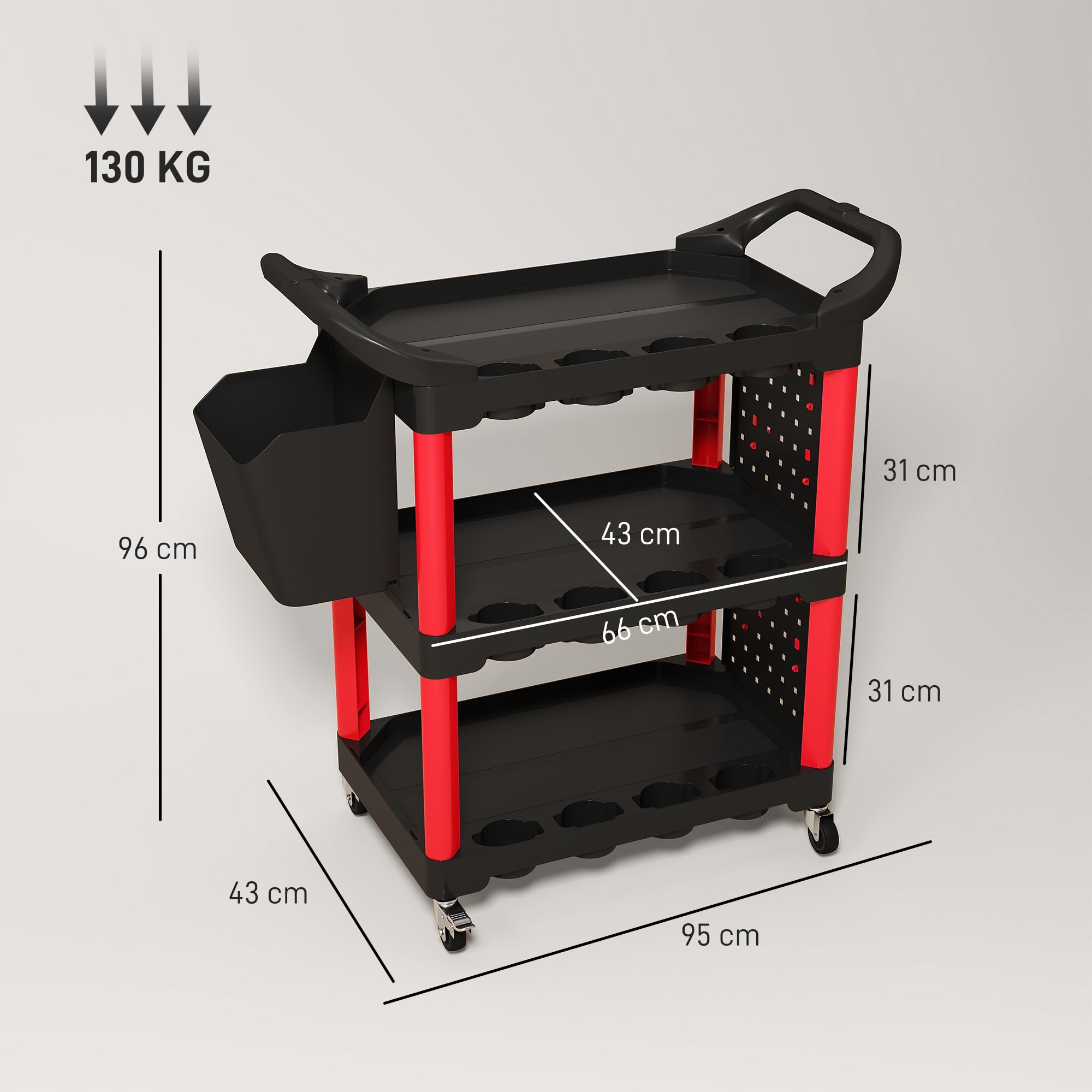 HOMCOM Carro de Taller de 3 Niveles con Paneles Perforados Negro y Rojo | Carro de Herramientas, Asa Lateral, Ganchos, Cubeta, para Garaje Mecánico, Hogar