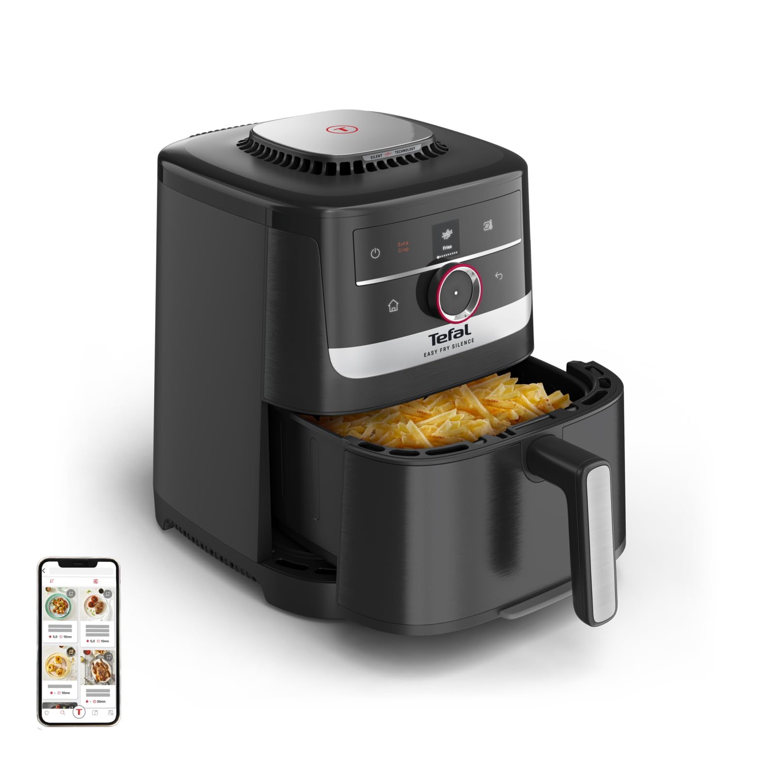 Tefal Easy Fry Smart & Silence Heißluftfritteuse, 5 Liter, extrem leise, Smart-Assist-System, von 40°C bis zu 220°C, Antihaftbeschichtung, Easy Clean & Store-System, Schwarz/Edelstahl, EY5728