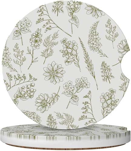 Posavasos vintage para automóvil, con flores verdes, paquete de 2 posavasos absorbentes de cerámica de 2.56 pulgadas, antideslizante, accesorios