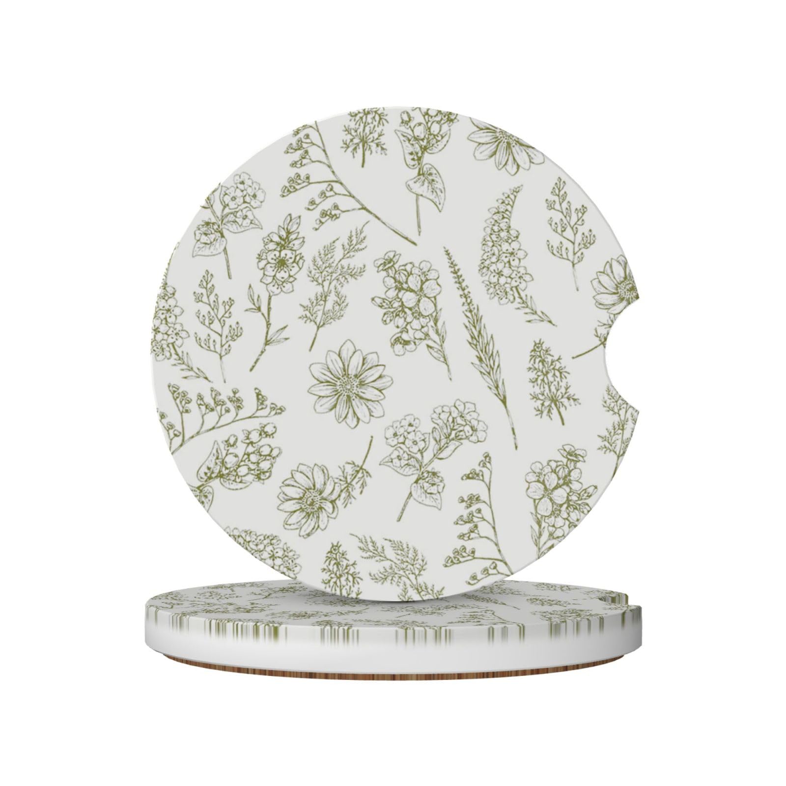 Vintage Green Flower Car Cup Coaster 2 Pack Ceramic Absorbent Car Coasters 2 56 Inch Non-Slip Car Cup