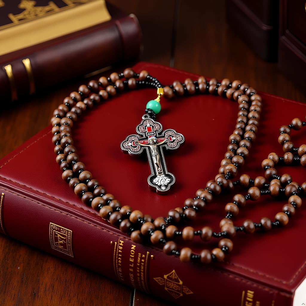 Wood Rosary Beads Cross Necklace,Catholic Cross Pendant,Catholic Cross Necklace,Religious Jesus Crucifix (Red) - Image 2