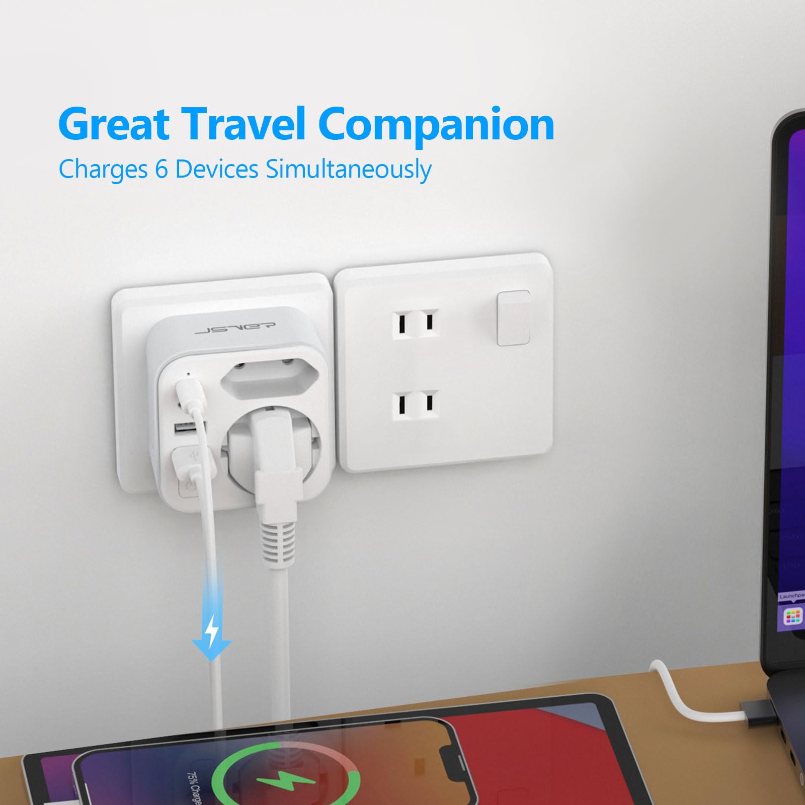 JSVER Adaptador de Viaje para Japón, Enchufe de Viaje Bidireccional con 4 Puertos USB (2 A y 2 C), Adaptador Compacto Tipo A para Conectar Desde España a Japón,EE. UU.,México,Canadá(Blanco) — view 6