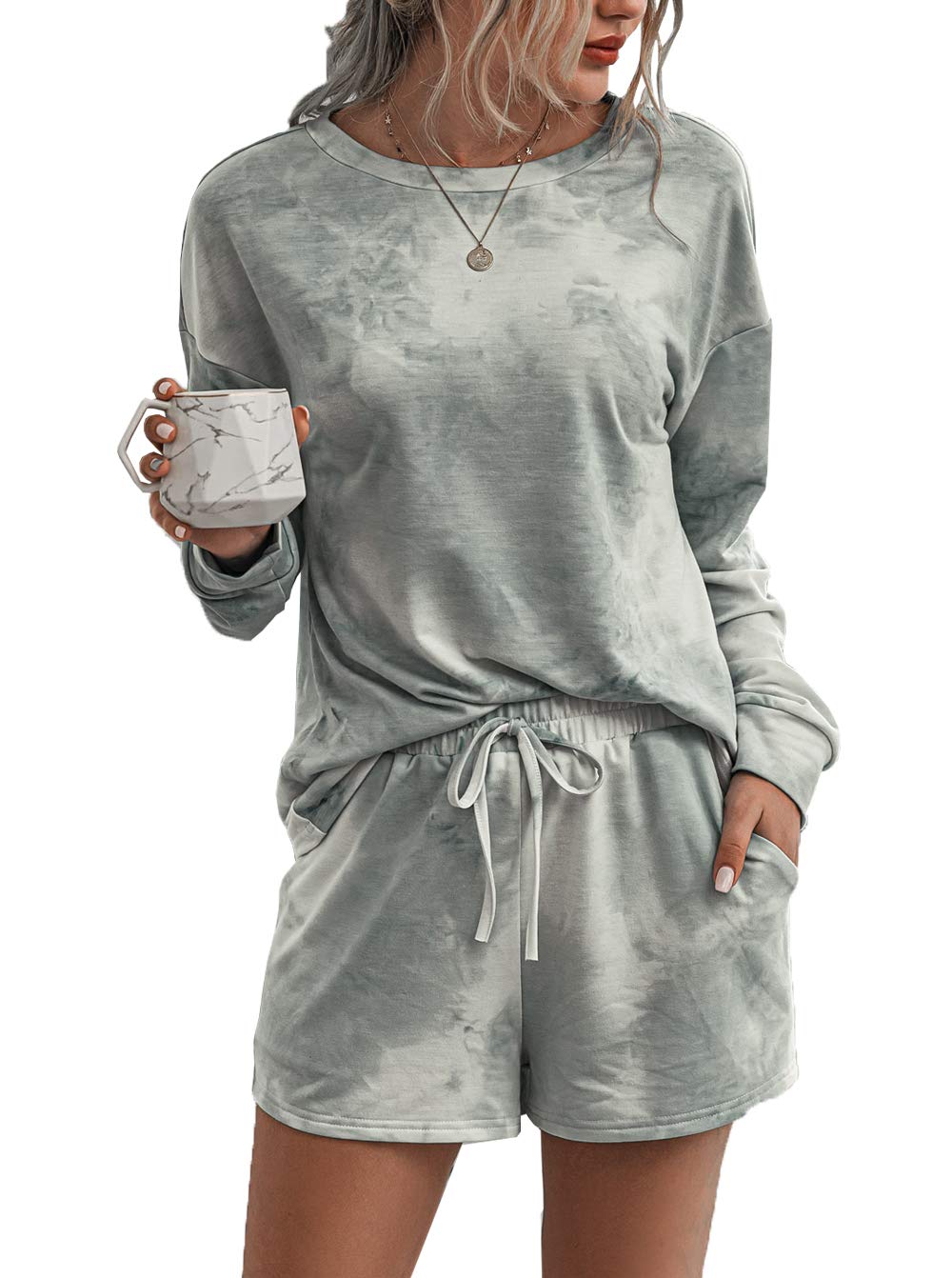 PRETTYGARDEN Women's Tie Dye Printed Pajamas Set Casual Long Sleeve Tops with Lounge Shorts Two Piece Sleepwear