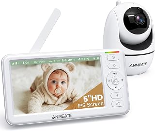 ANMEATE 5" HD No-WiFi Baby Monitor: 48H Battery, Remote Pan-Tilt-Zoom, 1000ft Range, Night Vision, Lullabies