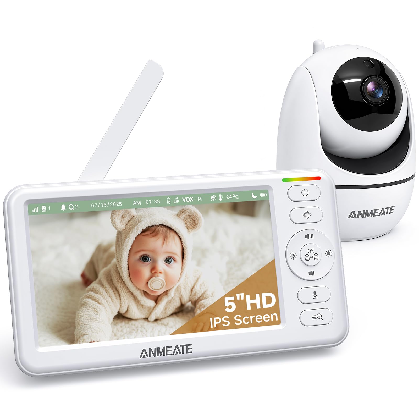 ANMEATE 5" HD Video Baby Monitor with Camera and Audio - No WiFi, 48H Battery Life,720P Remote Pan Tilt Zoom, Two-Way Talk, Night Vision, Thermal Room Monitor, Lullabies & White Noise, 1000ft Range