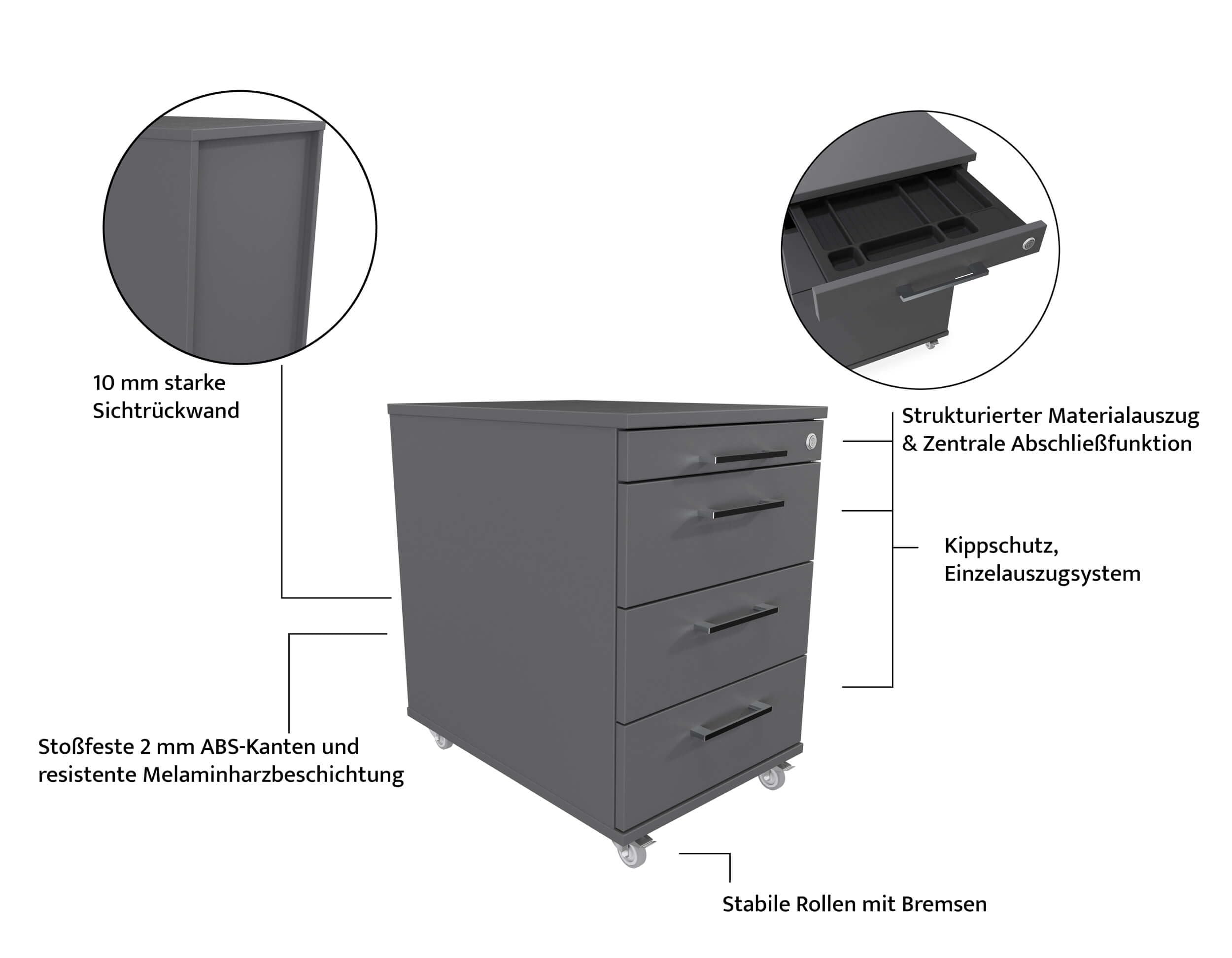 Eigentlich Rollcontainer mit 3 Schubladen und Materialauszug, Büroschrank rollbar B43 x T60 x H65 cm versch. Farben, Schreibtischunterschrank abschließbar, hauseigene Fertigung (Lichtgrau)