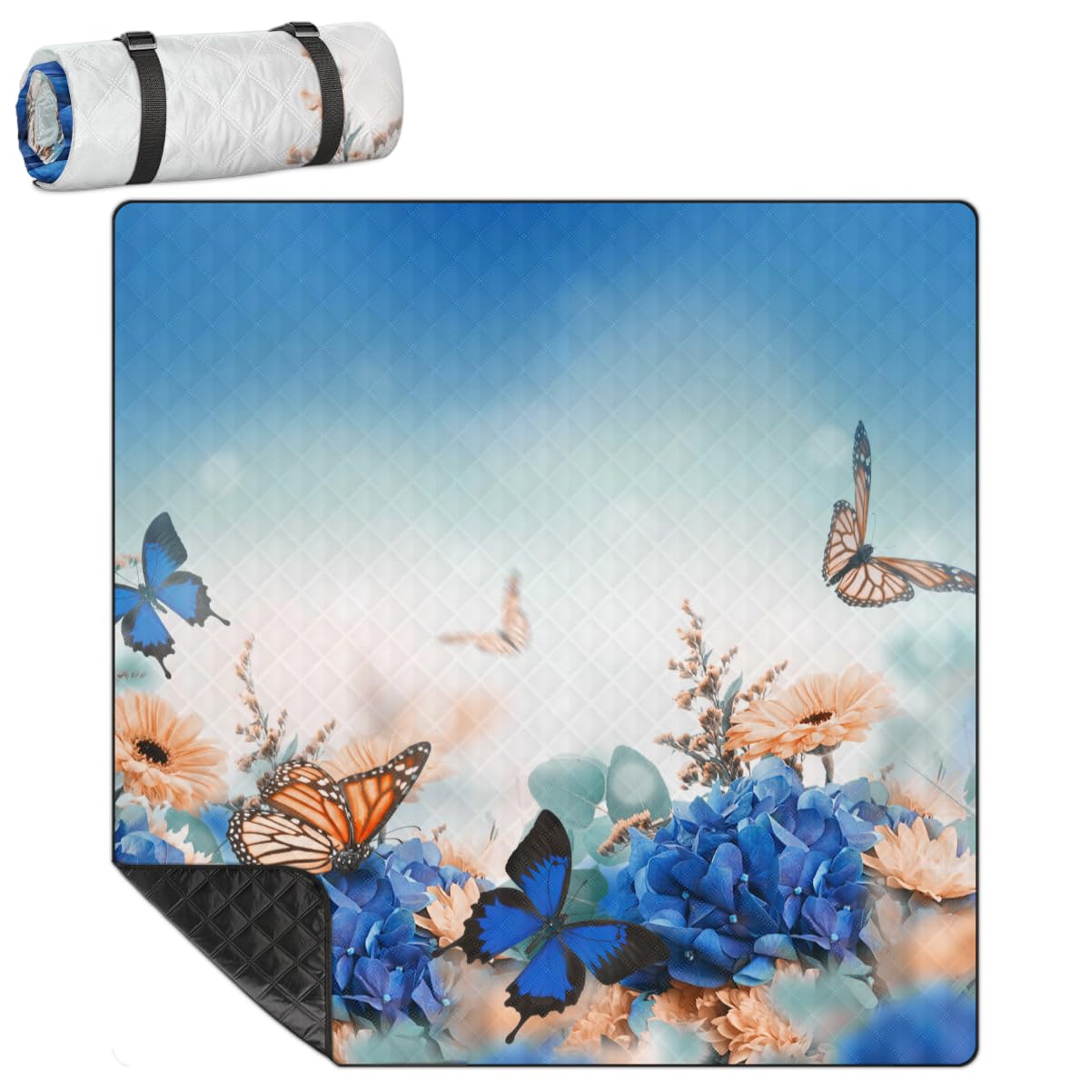 Shimoshe Extra Large Picnic Blankets 79”x 79”, Floral Butterfly Waterproof Foldable Picnic Mat with Straps Portable Beach Blanket for Camping Park Grass Beach Indoor