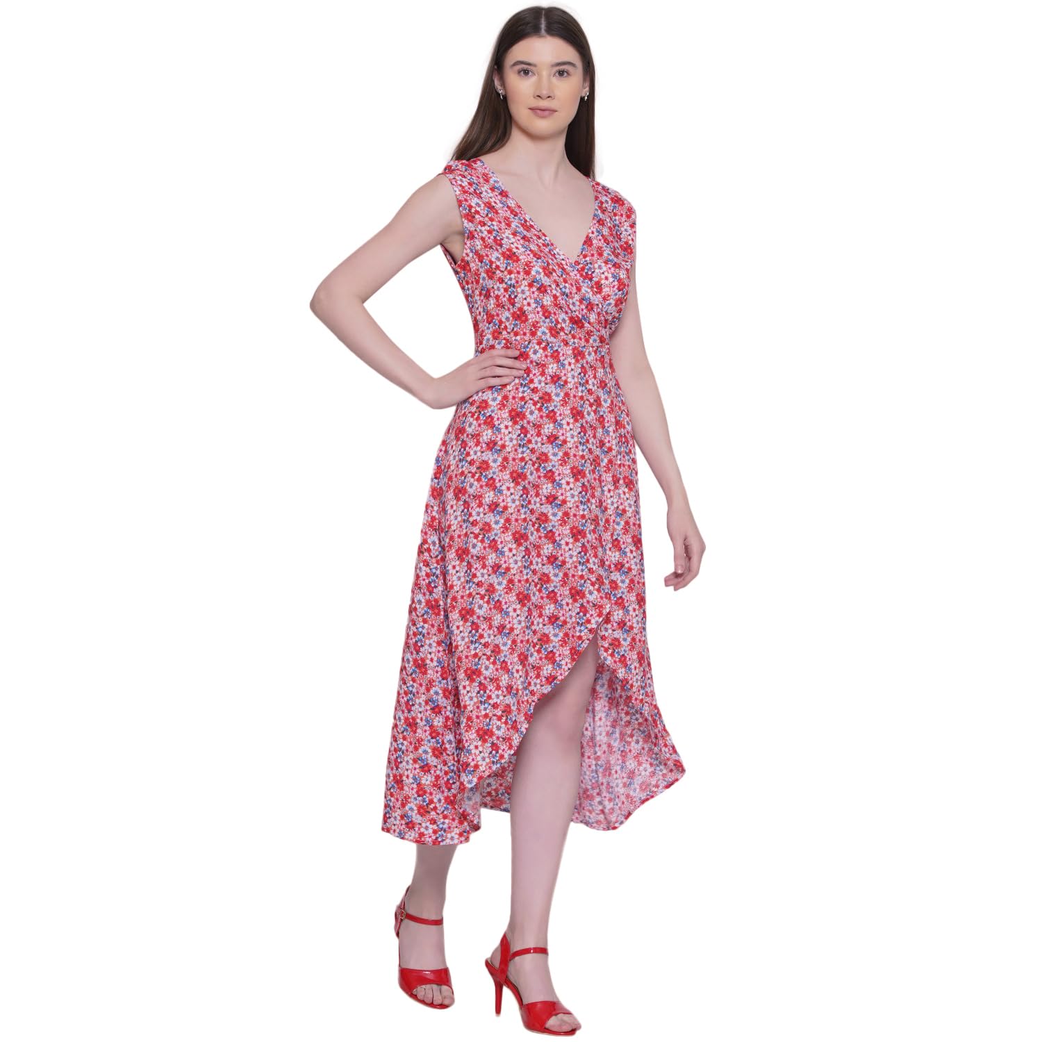 lianafashion Women's Floral Print Rayon Wrap Dress – V-Neck Sleeveless High-Low Midi Dress | Summer Casual One Piece Dress for Women | Lightweight & Soft Fabric (Red Floral)-picture-23