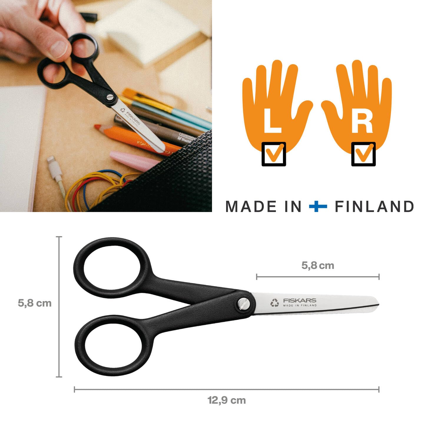 Fiskars ReNew hobby scissors, length: 12.9 cm, recycled stainless steel/recycled plastic, functional shape, black, 1074542 - Image 2