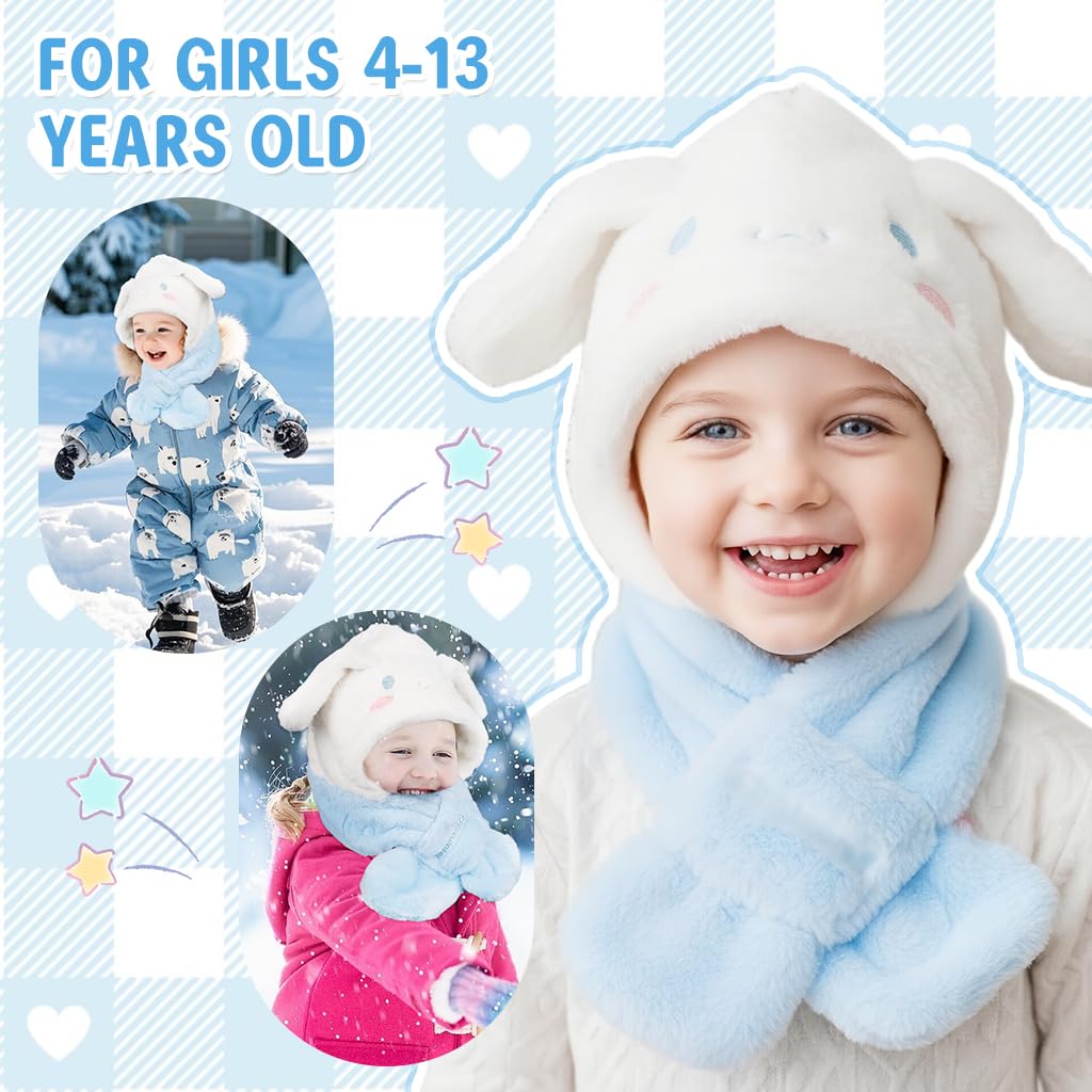 PATPAT® Winter Kids Scarf Cap Set Blue White Cinnamoroll 2 in 1 Fleece Warm Children Scarf and Cap Set, Cute Cartoon Ear Soft Plush Warm Hat for Girls Winter Christmas Gift for Girls 4-13 Years Old 1