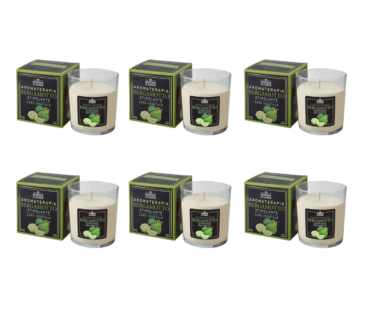 Cereria Di Giorgio - Confezione da 6 Candele Profumate in Bicchiere - Cera Vegetale di Palma e Soia - Collezione Aromaterapia - Bergamotto - Stimolante - Durata 44 ore