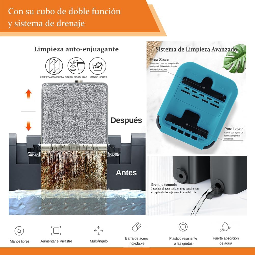 Mopa para Limpiar Azulejos y Paredes Mopa Fregona con Cubo Escurridor Fregona Autoescurrible Mopas de Limpieza Suelos Cepillo Esfregona 6 Almohadillas Microfibra Limpiador y Atrapapolvo Mop (Azul)