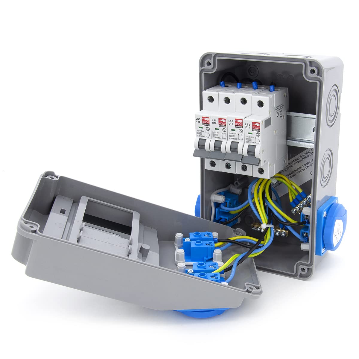 ELS Elektrotechnika - Distribuidor de enchufes para construcción, de pared, 4 Schuko, 230 V, 4 disyuntores C16, listo para conectar, cableado, para interior y exterior, talleres y fábricas, IP54