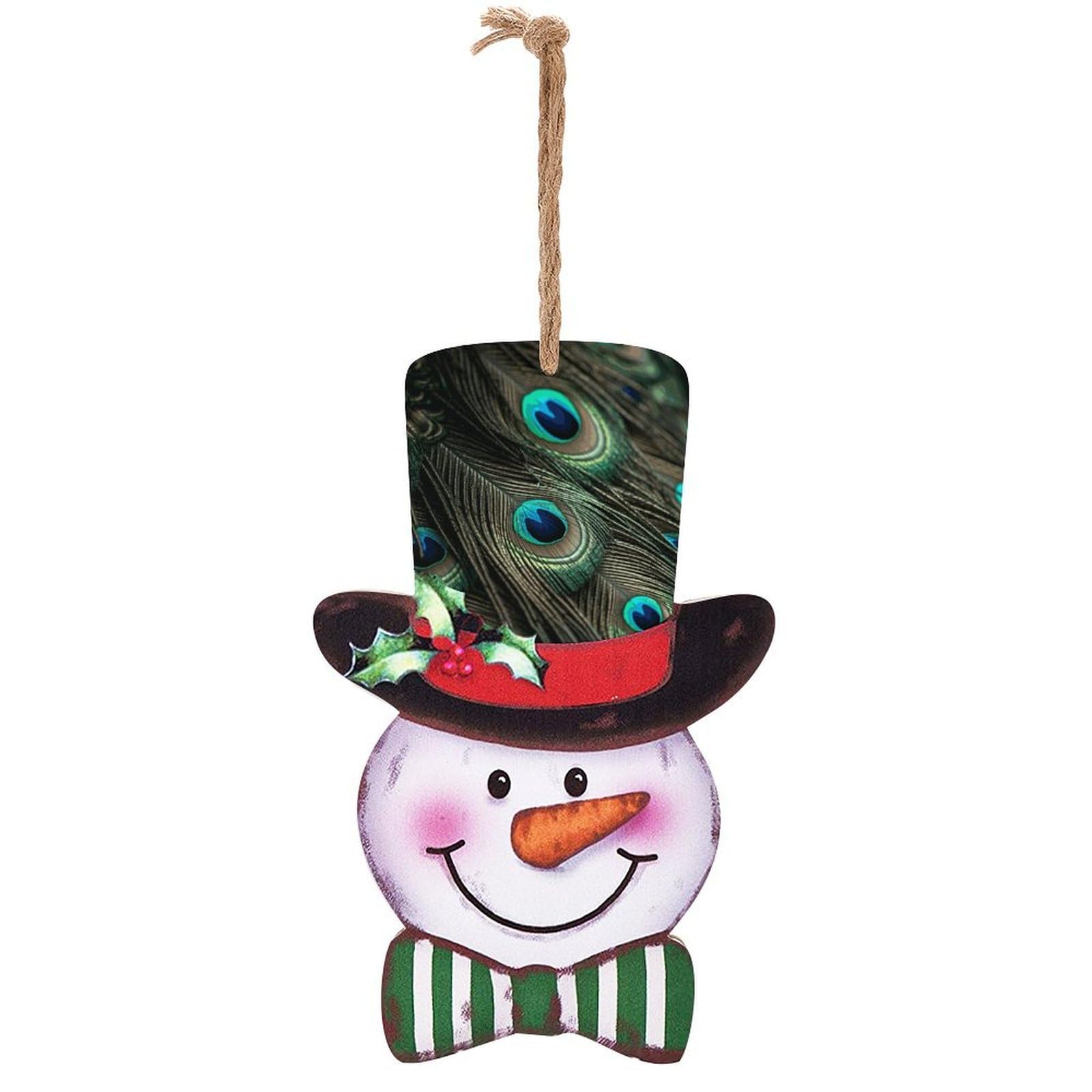 Panneau de Noël en bois bonhomme de neige et plumes de paon vintage decoration à suspendre