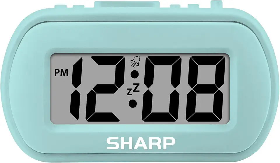 Sharp Despertador digital – caixa tátil com acabamento emborrachado macio – operado por bateria – luz de fundo azul sob demanda – alarme ascendente – fácil de usar – menta