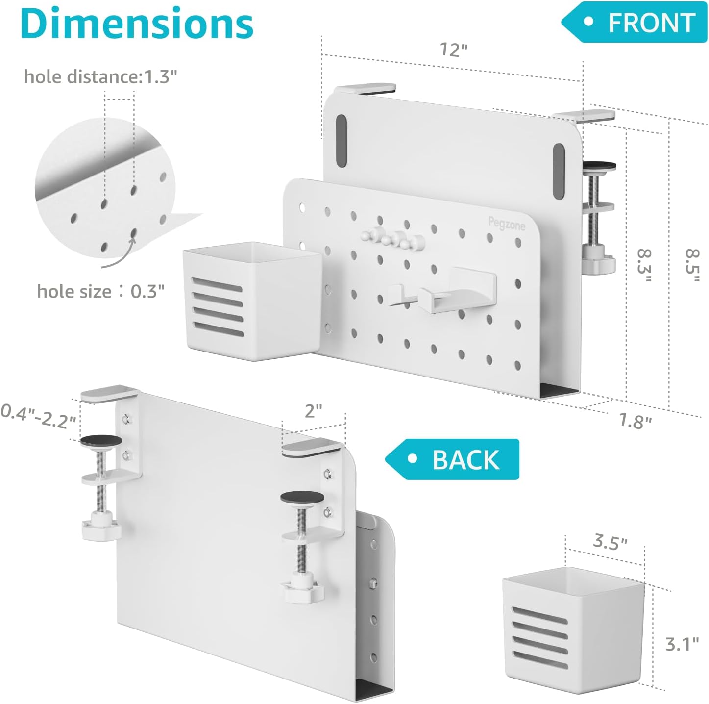 PEGZONE Desk Side Storage Organizer, No Drill Under Desk Laptop Holder, Clamp on Desks Shelf with Pegboard Accessories, Hanging Laptop Mount, Fits Flat Edge 0.4" to 2.2", White