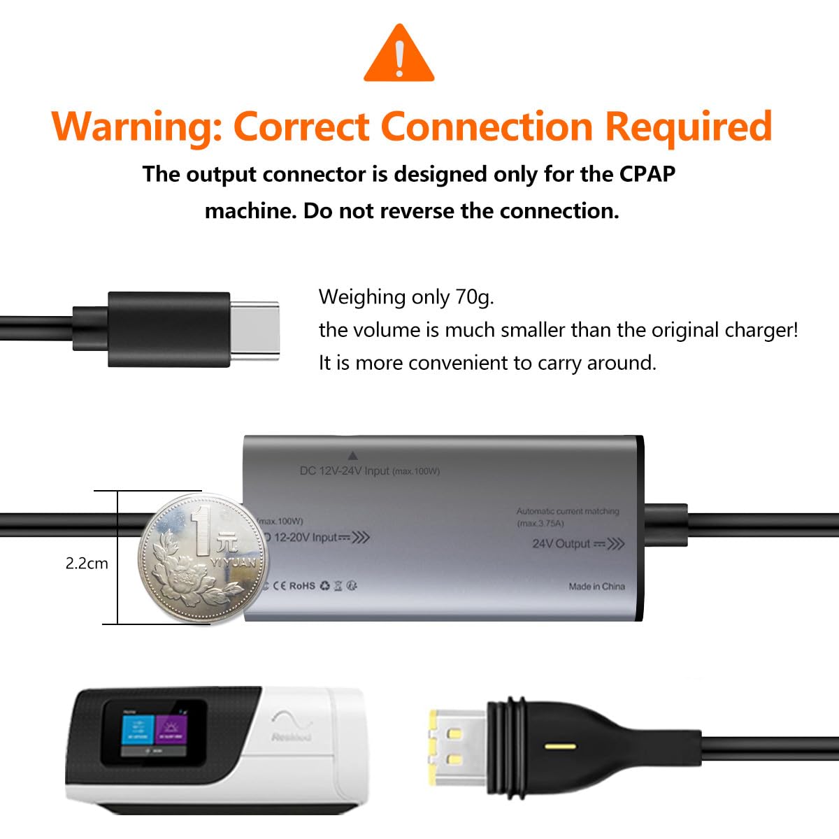 STAIGO USB-C AirMini PD kabel zasilający do AirSense 11/S11/Airmini/AutoSet/Elite/CPAP AirSense 11 przetwornik prądu stałego