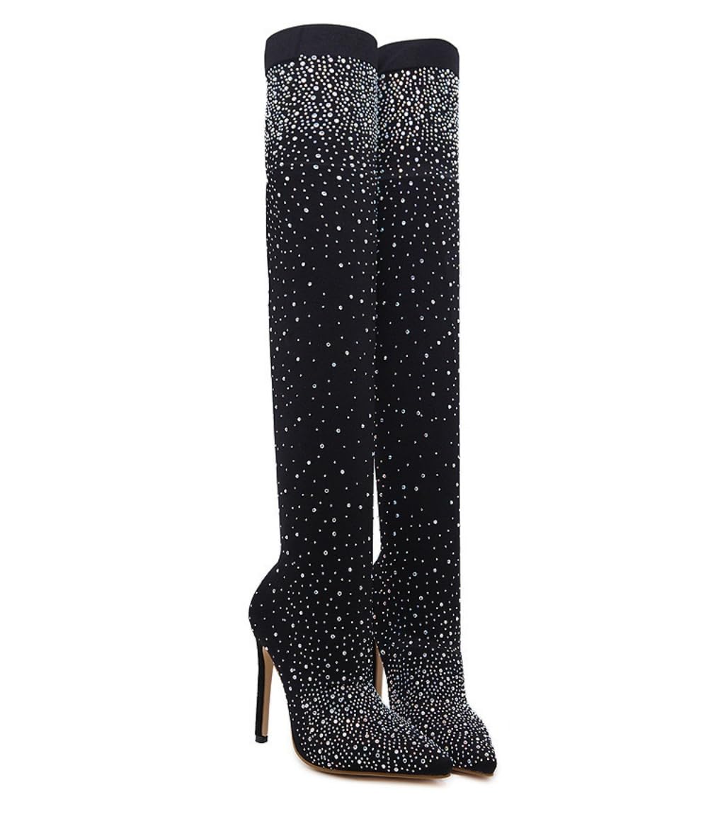 Stivali sopra il ginocchio da donna con strass, sexy, elasticizzati, con tacchi alti, punta a punta, materiale elastico