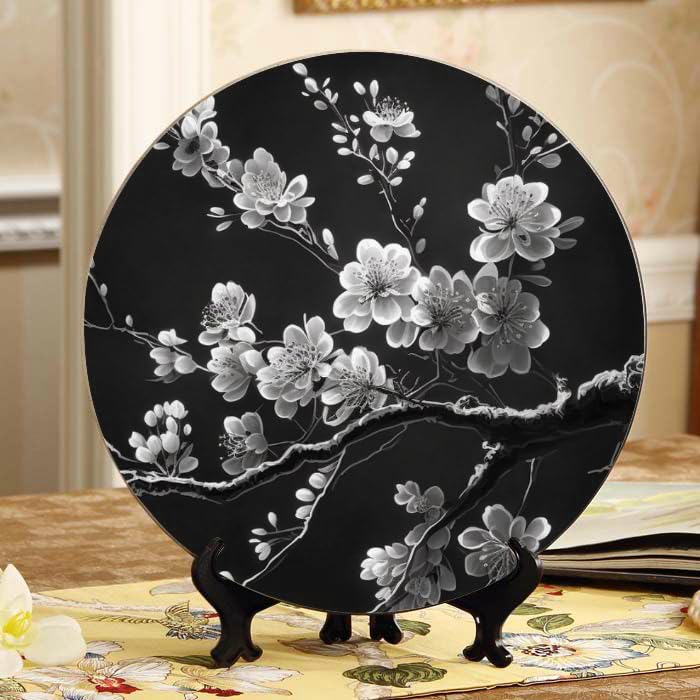 DNOVING Black and White Sakura Branch Ceramic Decorative Plate Ideal for Wall Hanging or Tabletop, with Stand DP-816742676
