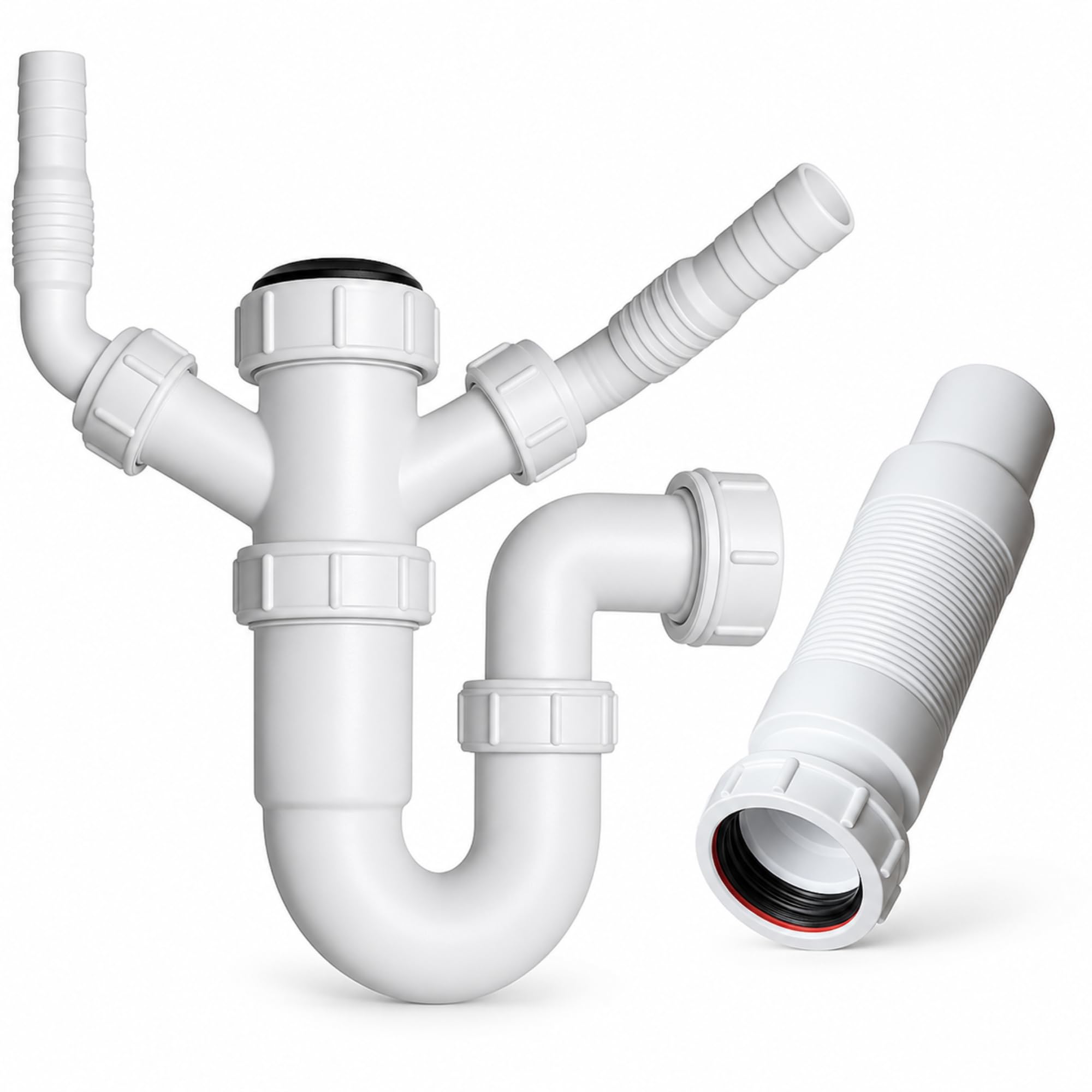 40mm Sink Trap and Flexible Waste Pipe Bundle 1.1/2 Inch Kitchen Sink Waste Trap with Washing Machine Dishwasher Spigots Hulthor