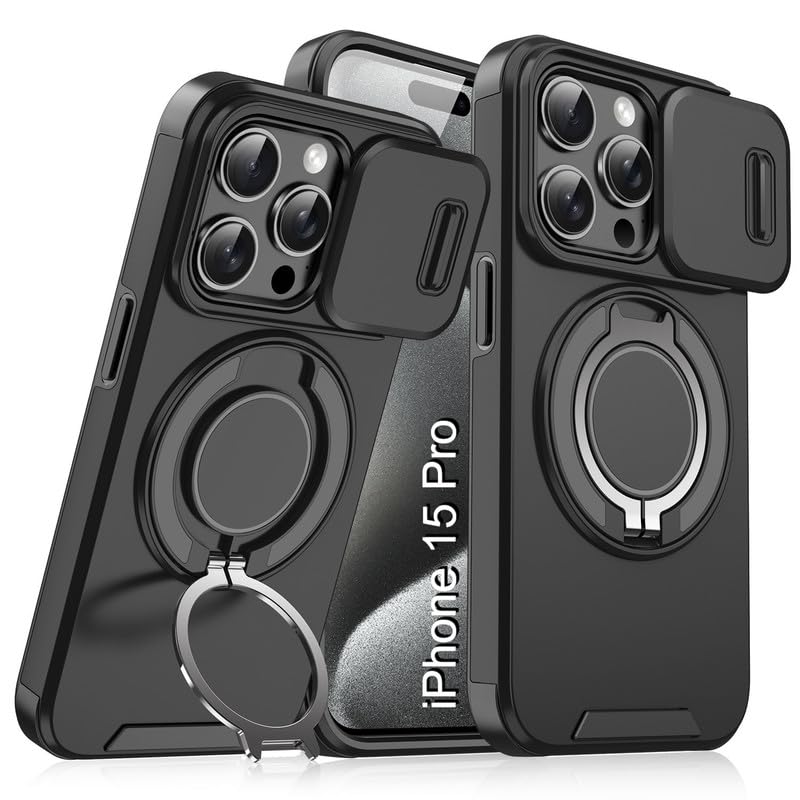 Image of LuxuryKase Shockproof Rugged Case for iPhone 15 Pro | Slide Camera Cover | 360 Rotating Ring Kickstand | Military-Grade Protection - Matte Black