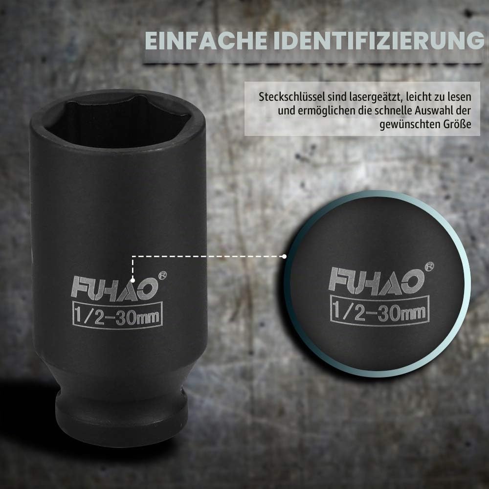 Anbull 16tlg Schlagschrauber Stecknuss Set 1/2" 10-32mm tiefe Sechskant | CR-v Material, für den Einsatz mit elektrischen, Langnuss set, Impact Socket Set, Antrieb Sechskant Nüsse Schlagnüsse