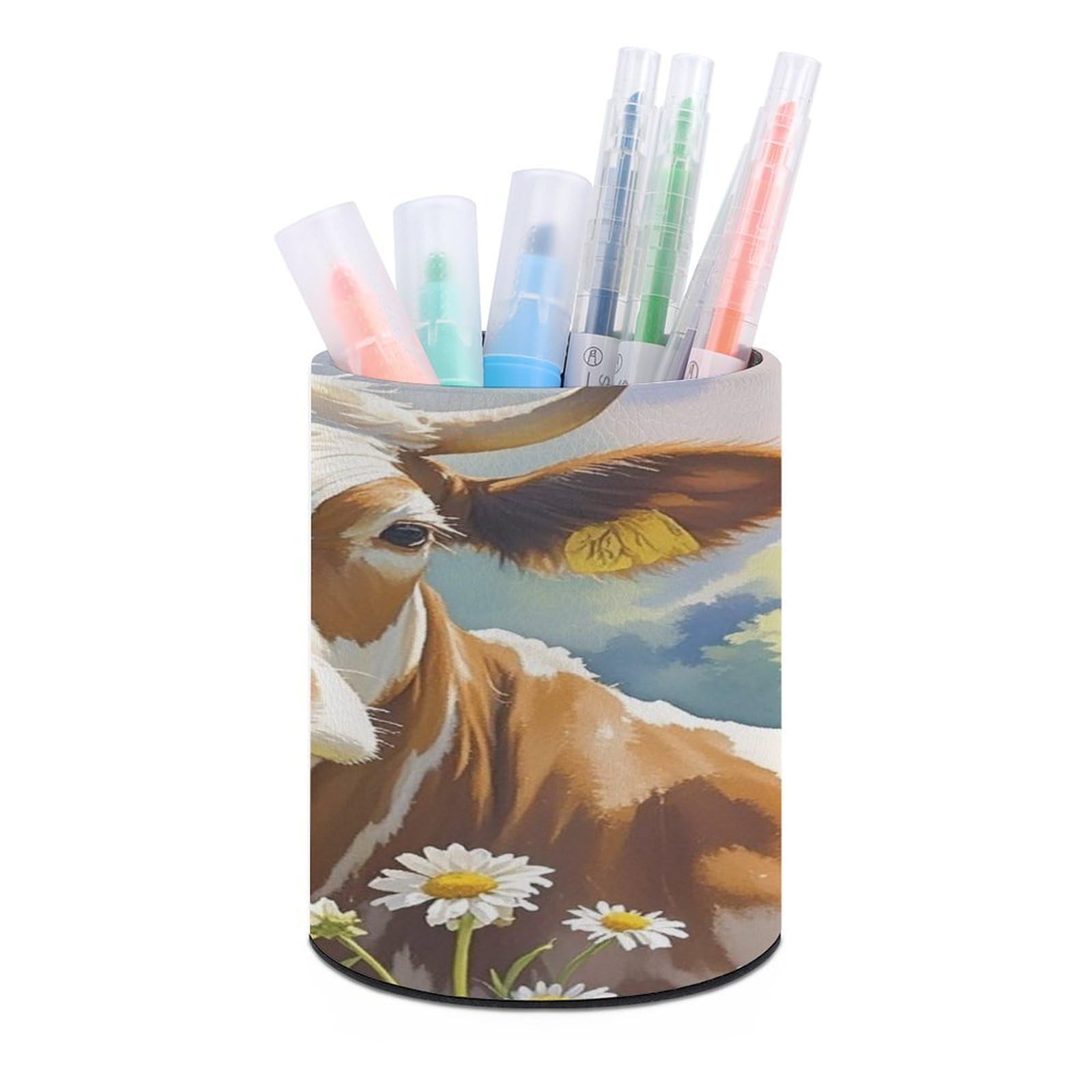 FekiLoot Round Watercolor Cow And Daisy Flower Pen Holder for Desk PU Leather Waterproof Pencil Cup Stand Minimalist Makeup Brush Storage Organizer Desktop Stationery Container Accessorires