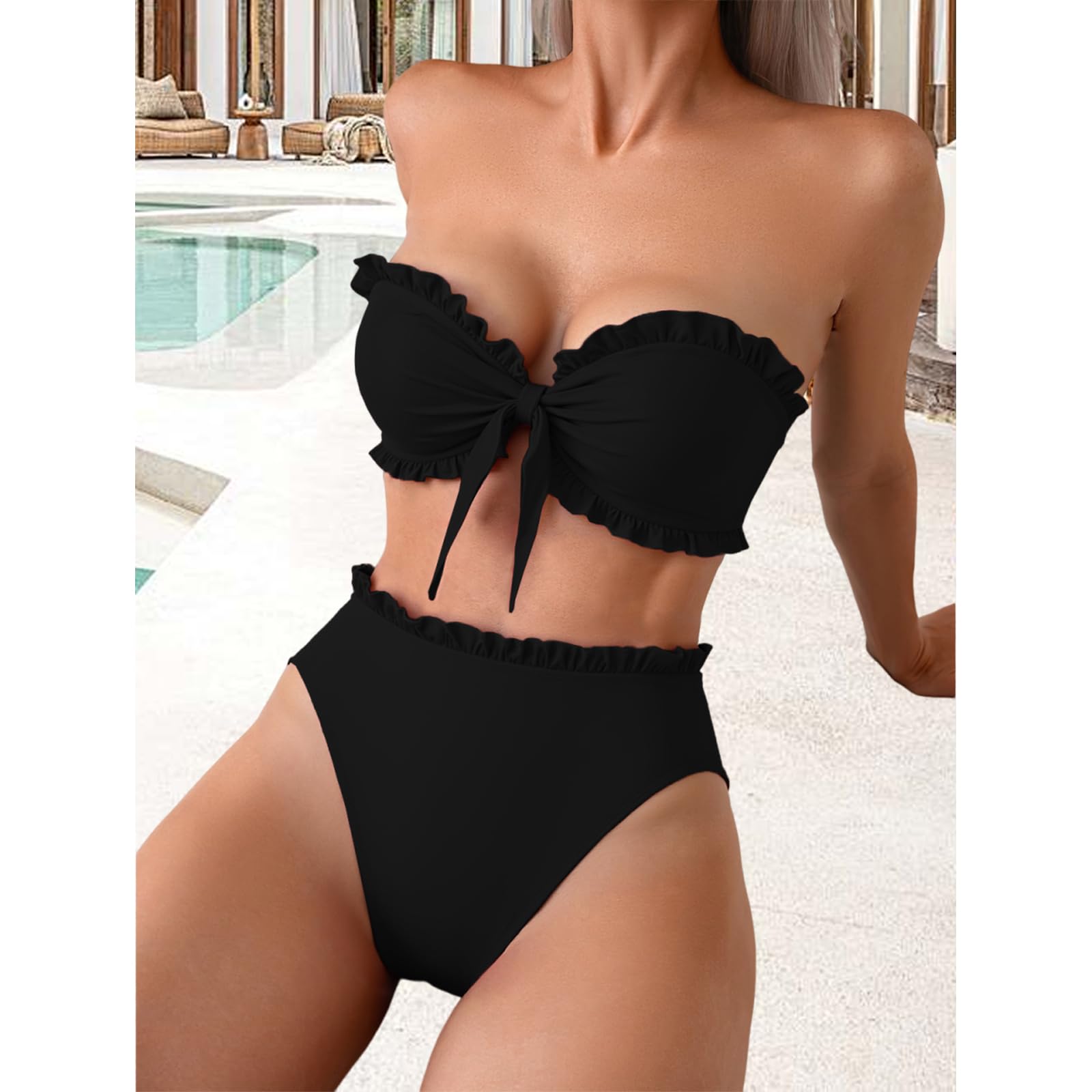 OUSIMEN Maillots de Bain Femme Deux Pièces Design Froncé et Torsadé Bretelles Bikini et Bas à Taille Moyenne