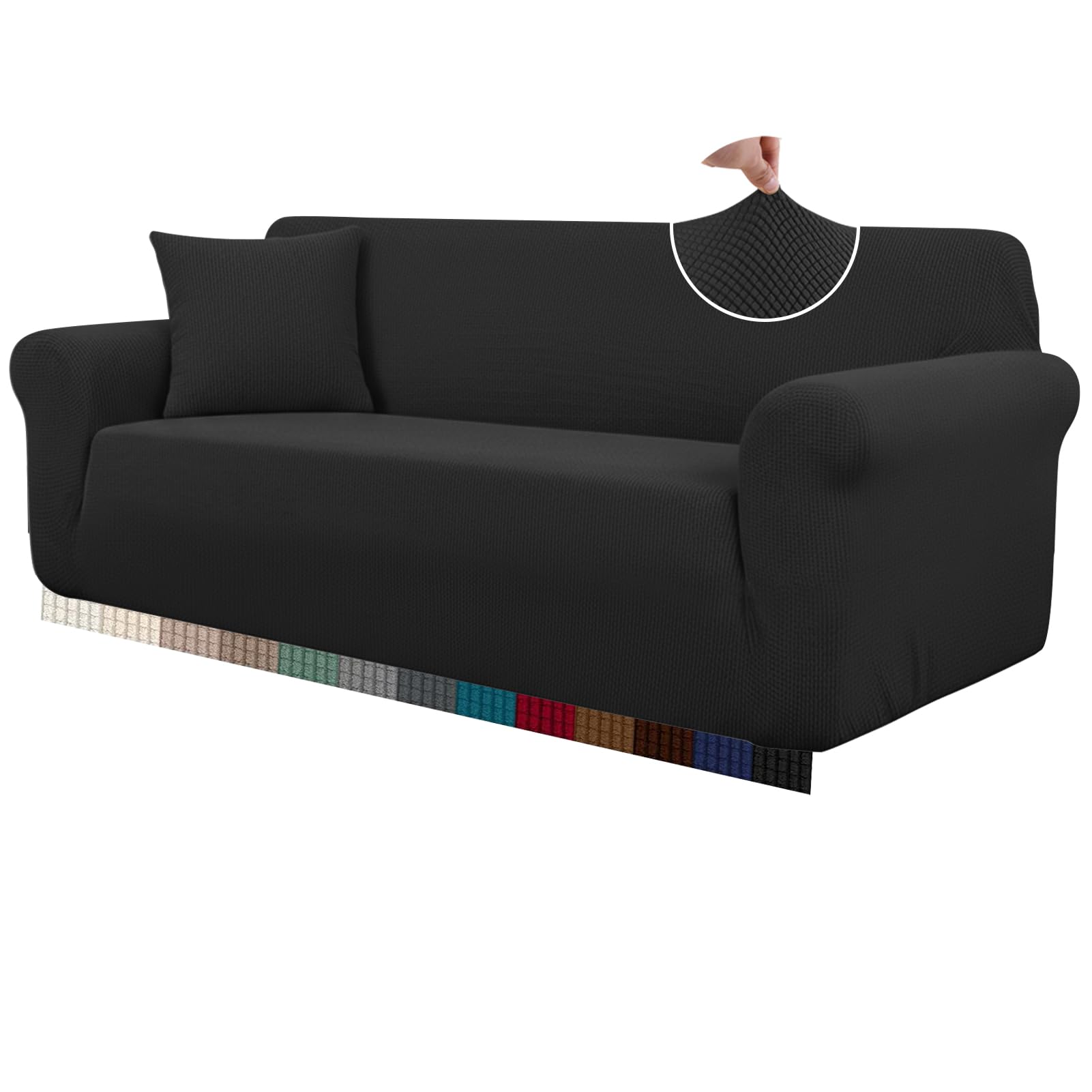 HEYOMART High Stretch Sofa Covers 4 Seater Super Soft Extra Large Couch Covers for Dogs Pets Cats Jacquard Spandex Non Slip Sofa Slipcover Furniture Protector with Elastic Bottom (4 Seater, Black)