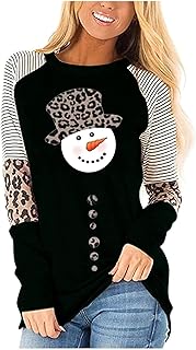 Christmas Snowman Snowflake Leopard Striped T-Shirt Women Cute Graphic L...