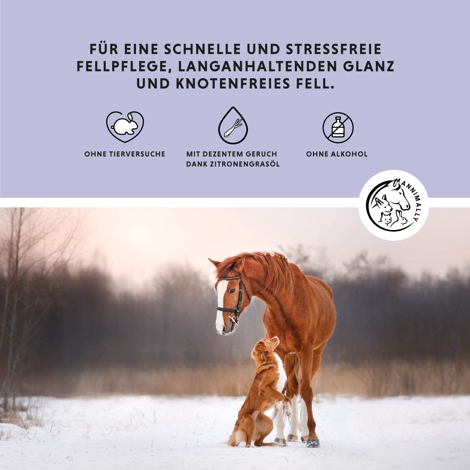 Annimally Spray per Criniera per Cavalli 500 ml - Spray per Coda e Spray Districante per Cavalli e Cani per un Pettinaggio più Facile e una Lucentezza Setosa del Pelo