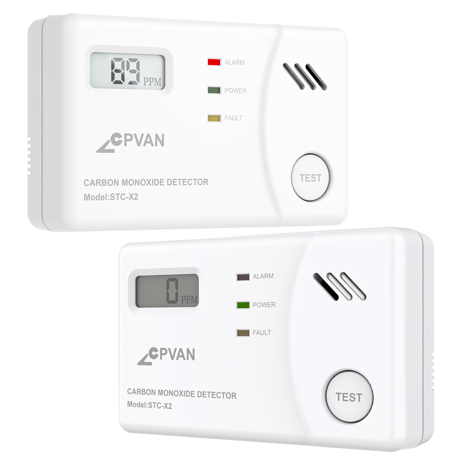 CPVAN Kohlenmonoxid Melder mit 10 Jahre Sensor, CO Melder mit Austauschbarer Batterie und Digitalem Display, Kohlenmonoxid-Melder mit Testknopf,Europäische Norm EN50291,2er Set