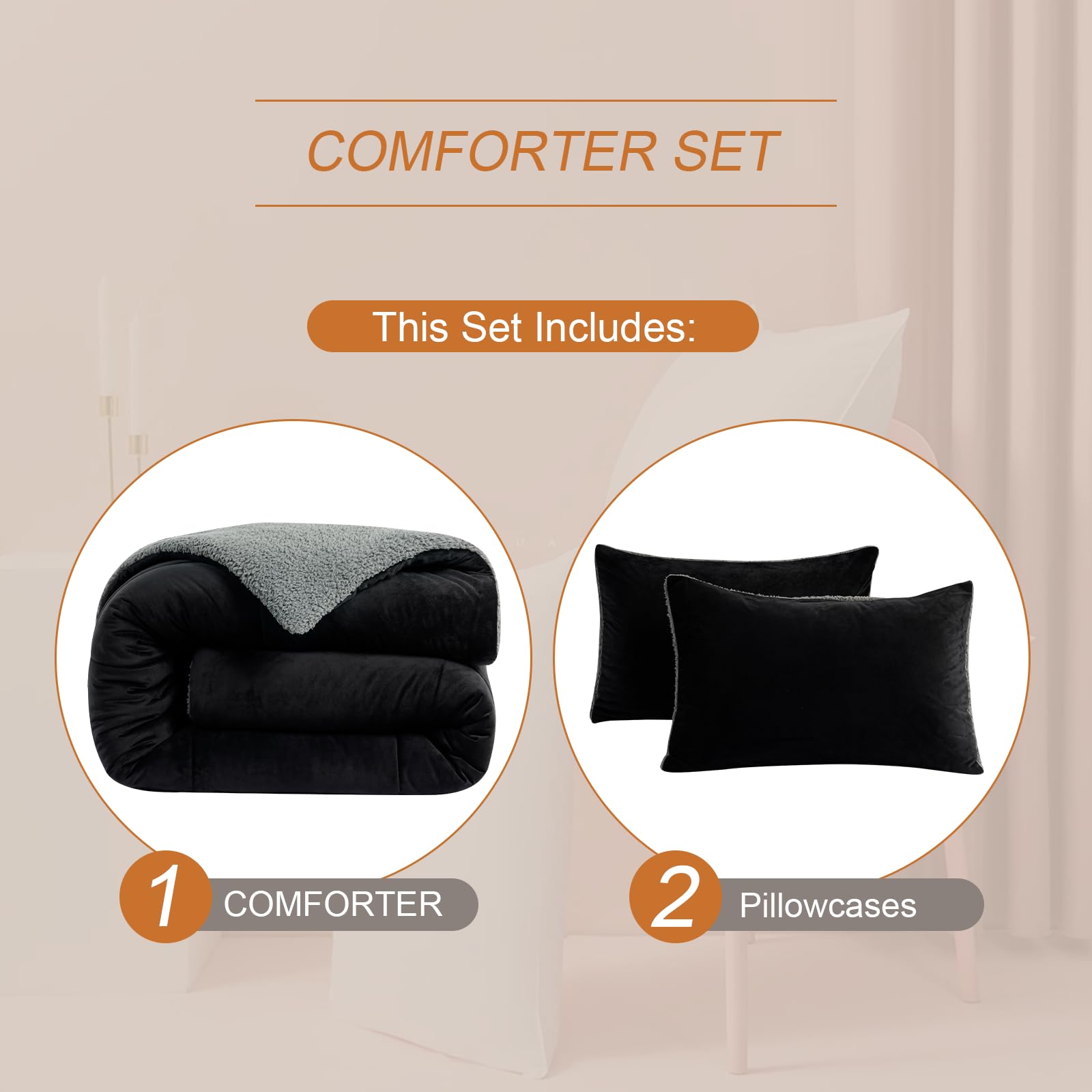 MERITLIFE Micromink Sherpa Comforter 3 Piece Bed Set-King Size Comforter Set Warm & Cozy Fleece for Winter,2 Pillowcases,Teen Girl Room Decor,Double-Sided,Machine Washable(Black + Grey,90"x102")